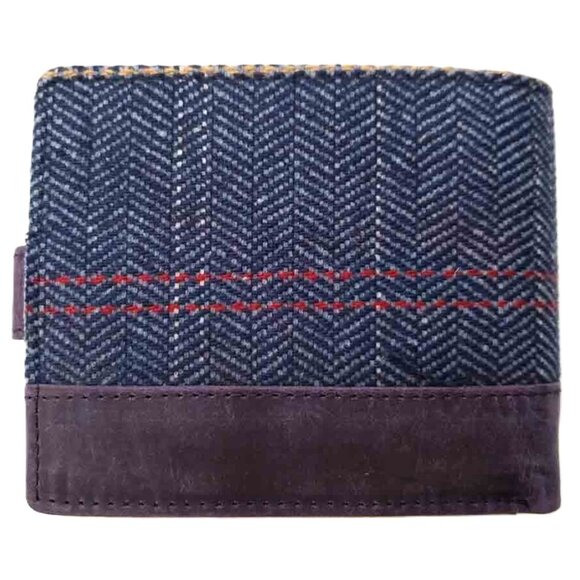Tanners Herringbone Wool Tweed and Leather Bifold Wallet Blue Brown RFID Men's - Picture 2 of 4
